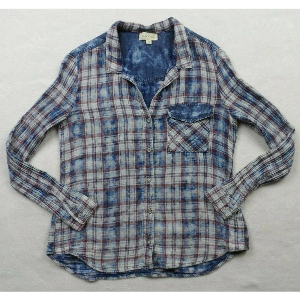 Cloth & Stone Distressed Tie Dye Plaid Shirt M